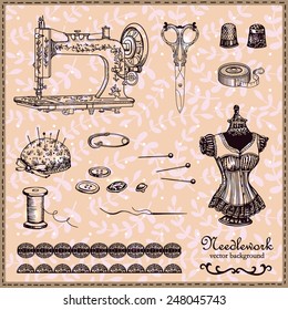 Retro handstitched vintage set. Set of vintage images for your design. Decorative retro background. Illustration for greeting cards, invitations, and other printing and web. projects.