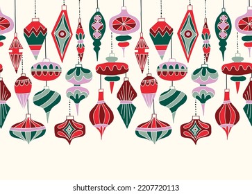 Retro Hanging Baubles Vector Seamless Horizontal Pattern Border. Vintage Winter Holidays Ornaments Background. Festive Mid Century Modern Graphic Print