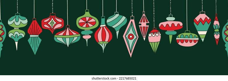 Retro Hanging Baubles Vector Seamless Horizontal Pattern Border. Vintage Winter Holidays Ornaments Background. Festive Mid Century Modern Graphic Print