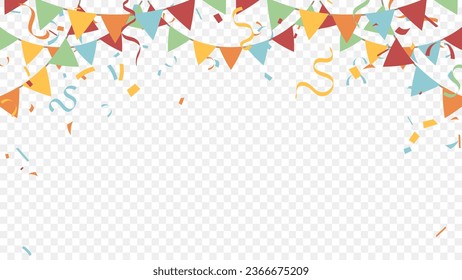 retro hanging flag with confetti and ribbons isolated on transparent background. decor element holiday and party design