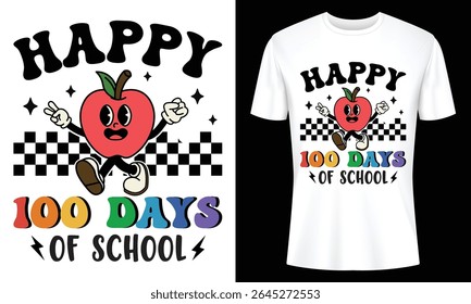 Retro Happy 100 Days of School T Shirt Design with Cartoon Apple Character