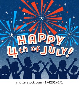 Retro Happy 4th Of July Design With Family Watching Fireworks. For Social Media, Greeting Cards, Web Page Banners, Posters. 