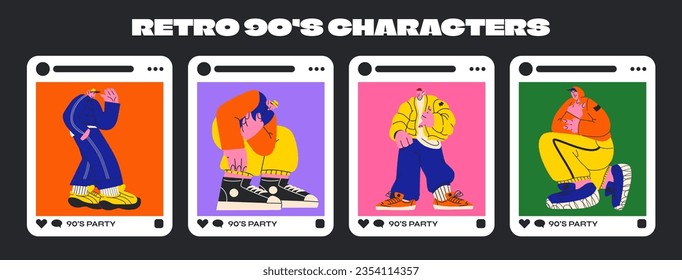 Retro happy 90s characters in tracksuits. Young people are dancing at the party. Social media vector frames