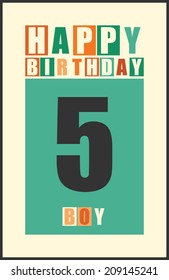 Retro Happy birthday card. Happy birthday boy 5 years. Gift card. Vector illustration