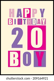 Retro Happy birthday card. Happy birthday boy 20 years. Gift card. Vector illustration
