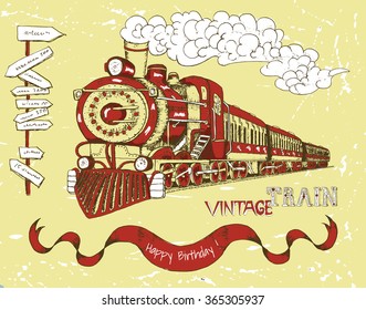 Retro happy birthday card with old red train, banner and text on yellow background. Line art illustration with hand drawn design elements, vintage travel and transportation theme. 