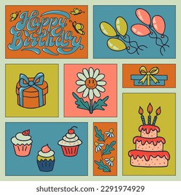 Retro Happy birthday hand drawn vector concept. Elements for birthday party in flatnostalgic style. Perfect for social media, graphic poster, postcard, background, print, fabric pattern, cover