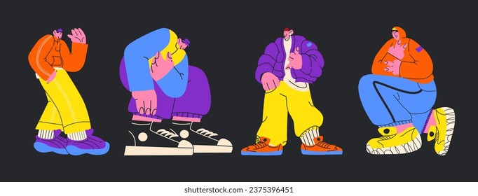Retro happy boy 90s characters in tracksuits. Young people are dancing at the party. Social media vector frames	