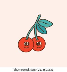 Cereza retro feliz. Ilustración vectorial colorida en estilo de caricatura vintage. Nostálgico elemento de diseño de los años 60.