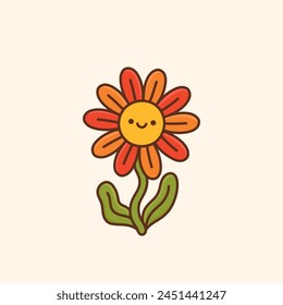 Retro happy daisy flower. Colorful vector illustration. Vintage cartoon character. Nostalgic 70s 60s design element. Plant with happy smiling face