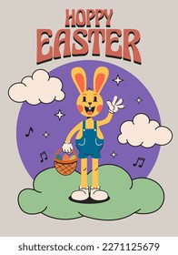  Retro Happy Easter poster.Retro cartoon rabbit character surrounded by clouds.Easter Egg Hunt holiday greeting card or flyer poster template in vintage hippie style.Vector illustration