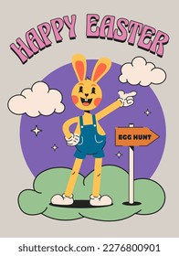 Retro Happy Easter poster.Retro cartoon rabbit character surrounded by clouds.Easter Egg Hunt holiday greeting card or flyer poster template in vintage hippie style.Vector illustration
