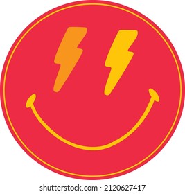 Retro happy face emblem radiate positivity. Groovy style.