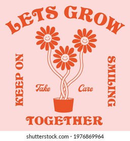 Retro Happy Flower Vector Art Illustration.Smiling Flower Icon Fashion Illustration. Vintage Slogan T shirt Print Design.