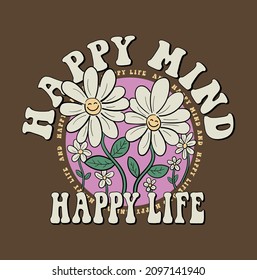 Retro Happy Flower Vector Art Illustration. Smiling Flower Icon. Vintage Slogan T shirt Print Design.
