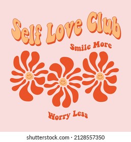 Retro Happy Flower Vector Art Illustration. Vintage Slogan T Shirt Print Design.
