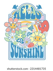 Retro Happy Flower Vector Art Illustration.Smiling Flower Icon. Vintage Slogan T shirt Print Design.70s Retro hippie magic mushroom illustration print with groovy slogan for graphic tee.Hello sunshine