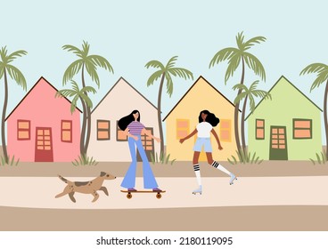 retro happy girls roller skates, skateboarding on summer city street clipart, Postcards scenery with joyful teenager characters on market in park clip art, Vector illustration in flat cartoon style.
