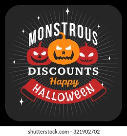 Retro Happy Halloween Badge, Sticker, Label. Design Element for Greetings Card or Party Flyer. Halloween Discounts. Vector Illustration