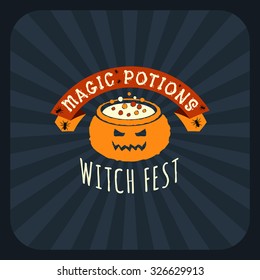 Retro Happy Halloween Badge, Sticker, Label. Design Element for Greetings Card or Party Flyer. Vector Illustration