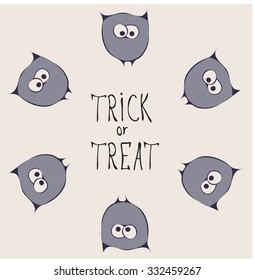 Retro Happy Halloween Badge, Sticker, Label. Design Element for Greetings Card or Party. Vector Illustration birds. Stylized cartoon violet owls. Trick or Treat Concept. festive items for halloween