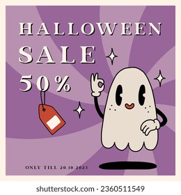 Retro Happy Halloween Sale banner with spooky cartoon Ghost Character in groovy 70s Vintage Style. Autumn holiday Sale offer ad with cute ghost mascot. Doodle 1970s cartoon style vector illustration svg