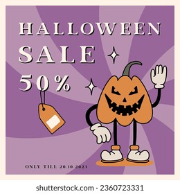 Retro Happy Halloween Sale banner with spooky cartoon Pumpkin Character in groovy 70s Vintage Style. Autumn holiday Sale offer ad with scary pumpkin mascot. Contour cartoon style vector illustration svg