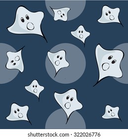 Retro Happy Halloweens seamless pattern. Vector Illustration. Stylized cartoon blue funny ghosts on dark blue background. 