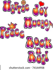 Retro Happy Hippie Set #2 of Flower Power Groovy Words Vector Illustration