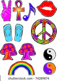 Retro Happy Hippie Set #2 of Flower Power Groovy Icons Vector Illustration