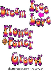 Retro Happy Hippie Set of Flower Power Groovy Words Vector Illustration