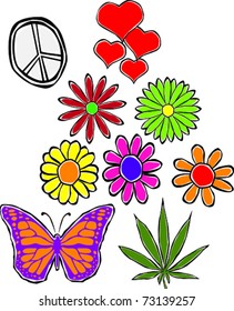 Retro Happy Hippie Set of Flower Power Groovy Icons Vector Illustration