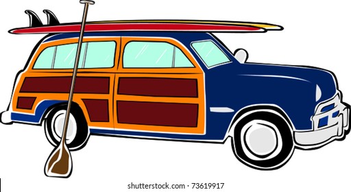 Retro Happy Hippie Vintage Tropical Standup Paddle Board SUP Woody Car Vector Illustration