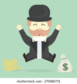 Retro happy man with money and coins. Win in lottery. Receiving win