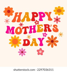 Retro Happy Mothers day card template with groovy 70s flowers in orange, red, pink and tangerine on off white background. For greeting cards, postcards, web banner and ads 