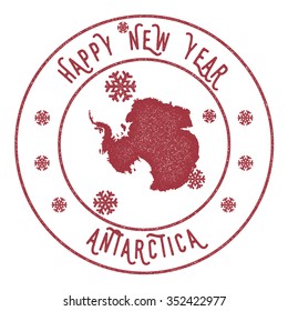 Retro Happy New Year Antarctica Stamp. Vector rubber stamp with map of Antarctica, Happy New Year text and falling snow