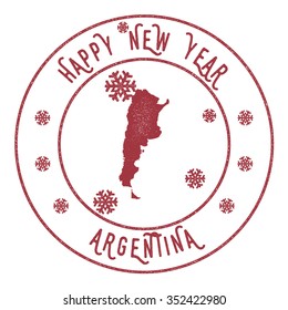 Retro Happy New Year Argentina Stamp. Vector rubber stamp with map of Argentina, Happy New Year text and falling snow