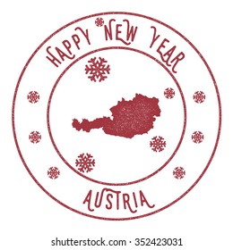 Retro Happy New Year Austria Stamp. Vector rubber stamp with map of Austria, Happy New Year text and falling snow