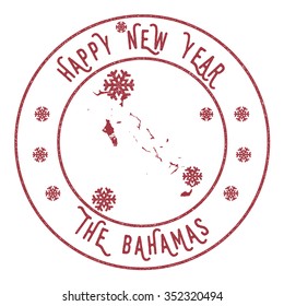 Retro Happy New Year The Bahamas Stamp. Vector rubber stamp with map of The Bahamas, Happy New Year text and falling snow