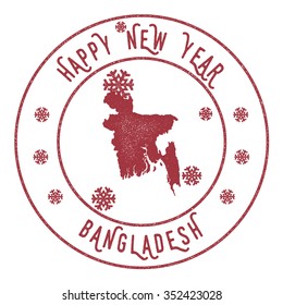 Retro Happy New Year Bangladesh Stamp. Vector rubber stamp with map of Bangladesh, Happy New Year text and falling snow