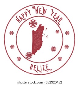 Retro Happy New Year Belize Stamp. Vector rubber stamp with map of Belize, Happy New Year text and falling snow