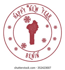 Retro Happy New Year Benin Stamp. Vector rubber stamp with map of Benin, Happy New Year text and falling snow