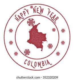 Retro Happy New Year Colombia Stamp. Vector rubber stamp with map of Colombia, Happy New Year text and falling snow