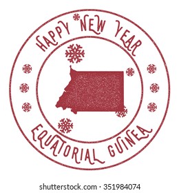 Retro Happy New Year Equatorial Guinea Stamp. Vector rubber stamp with map of Equatorial Guinea, Happy New Year text and falling snow