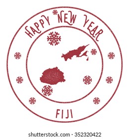 Retro Happy New Year Fiji Stamp. Vector rubber stamp with map of Fiji, Happy New Year text and falling snow