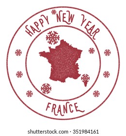 Retro Happy New Year France Stamp. Vector rubber stamp with map of France, Happy New Year text and falling snow