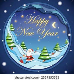 Retro Happy New Year Illustration, Festive Scene of Snowy Hills, Santa, trees and gifts in Geometric Paper-Cut Design with Depth