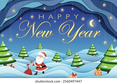 Retro Happy New Year Illustration, Festive Scene of Snowy Hills, Santa, trees and gifts in Geometric Paper-Cut Design with Depth