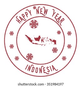 Retro Happy New Year Indonesia Stamp. Vector rubber stamp with map of Indonesia, Happy New Year text and falling snow