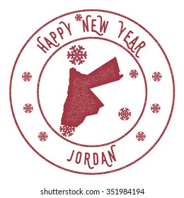 Retro Happy New Year Jordan Stamp. Vector rubber stamp with map of Jordan, Happy New Year text and falling snow